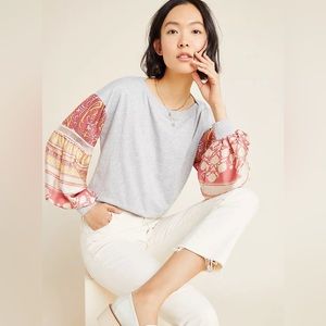 Anthropologie Tiny Ryder Puff Sleeved Gray Top Silky Sleeves-Sm